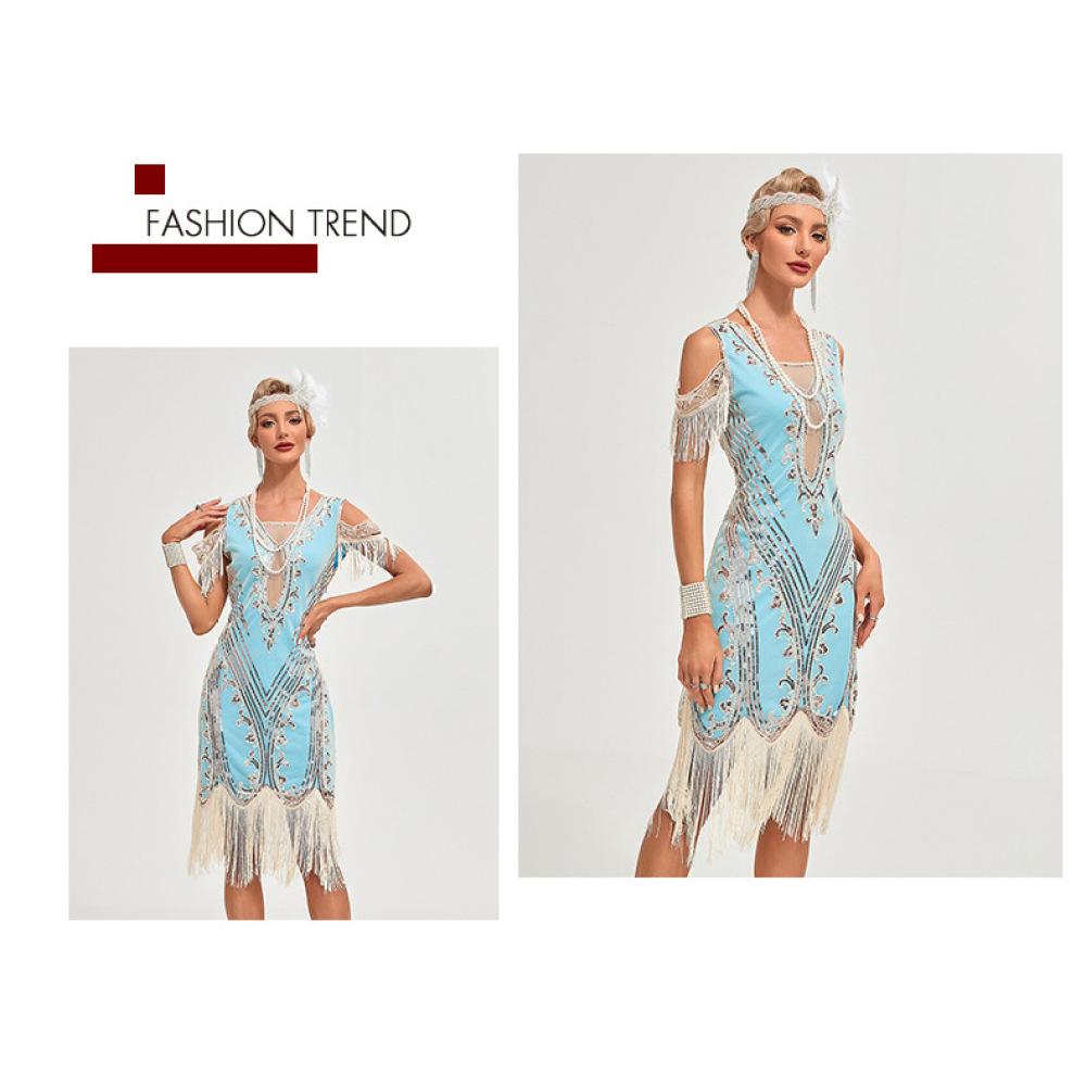1920S Retro Ball Embroidered Fringed Dress Cocktail Party Large Size Sequined Beaded Mesh Dress