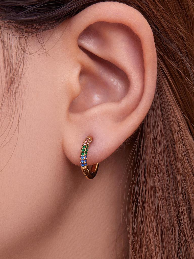 Qiong Yao 18k Gold Plated Stainless Steel Colorful Diamond Small Hoop Clip-on Earrings