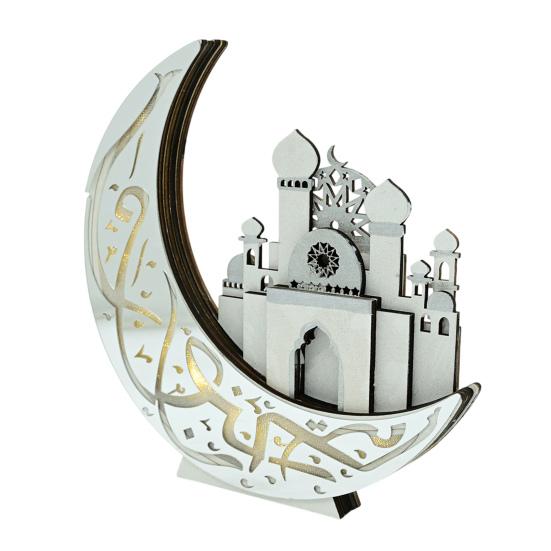 Ramadan Table Decoration Wooden Crescent Moon Star Eid Mubarak Ornament LED Light Up Ramadan Kareem Mosque Sign for Islamic Home Decor