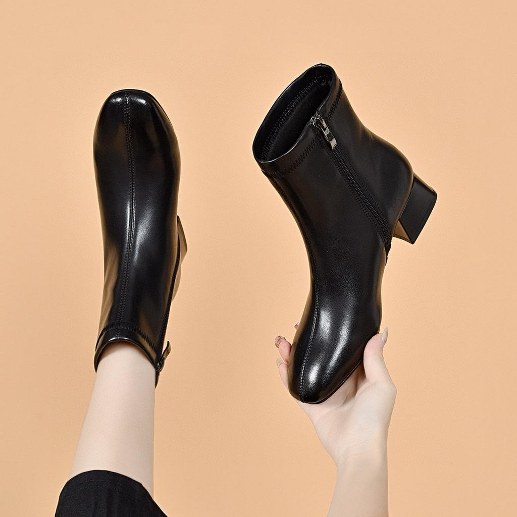 Leather Boots Women's New Simple Temperament Straight Boots Low Heel Square Head Fashion Boots Women's Boots Cotton Boots