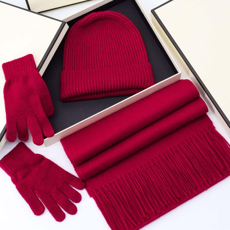 Gift box knitted three-piece 100% solid color wool scarf women's autumn and winter hat gloves versatile warm winter shawl