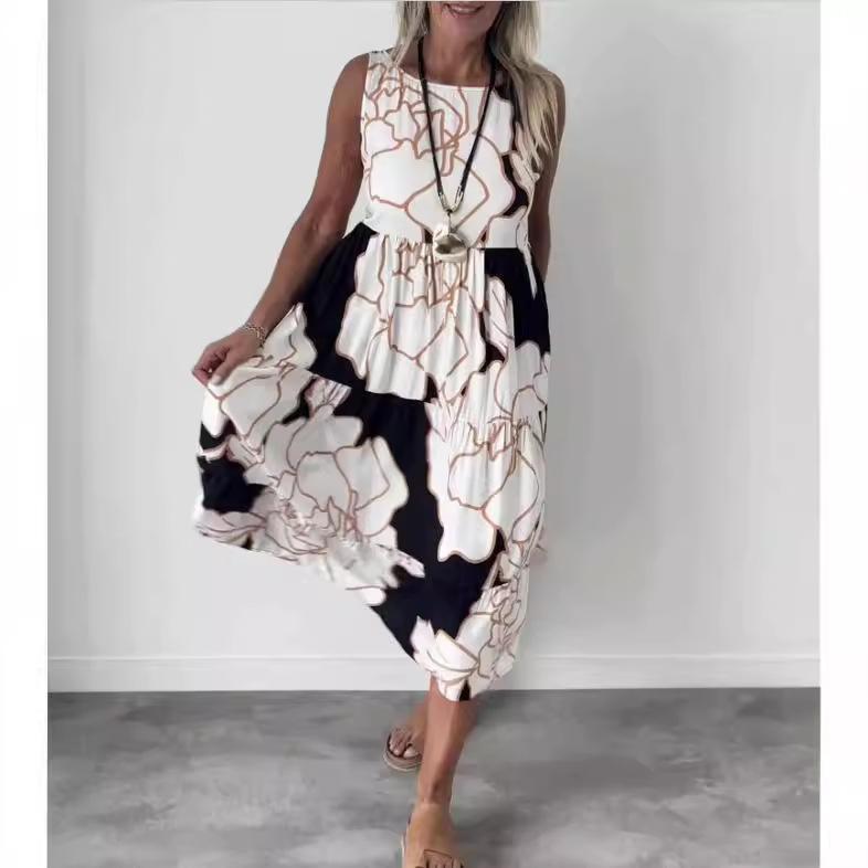 

YYFS Женская мода лето весна цветочный узор принт без рукавов О-образный вырез свободная талия повседневные платья XXL