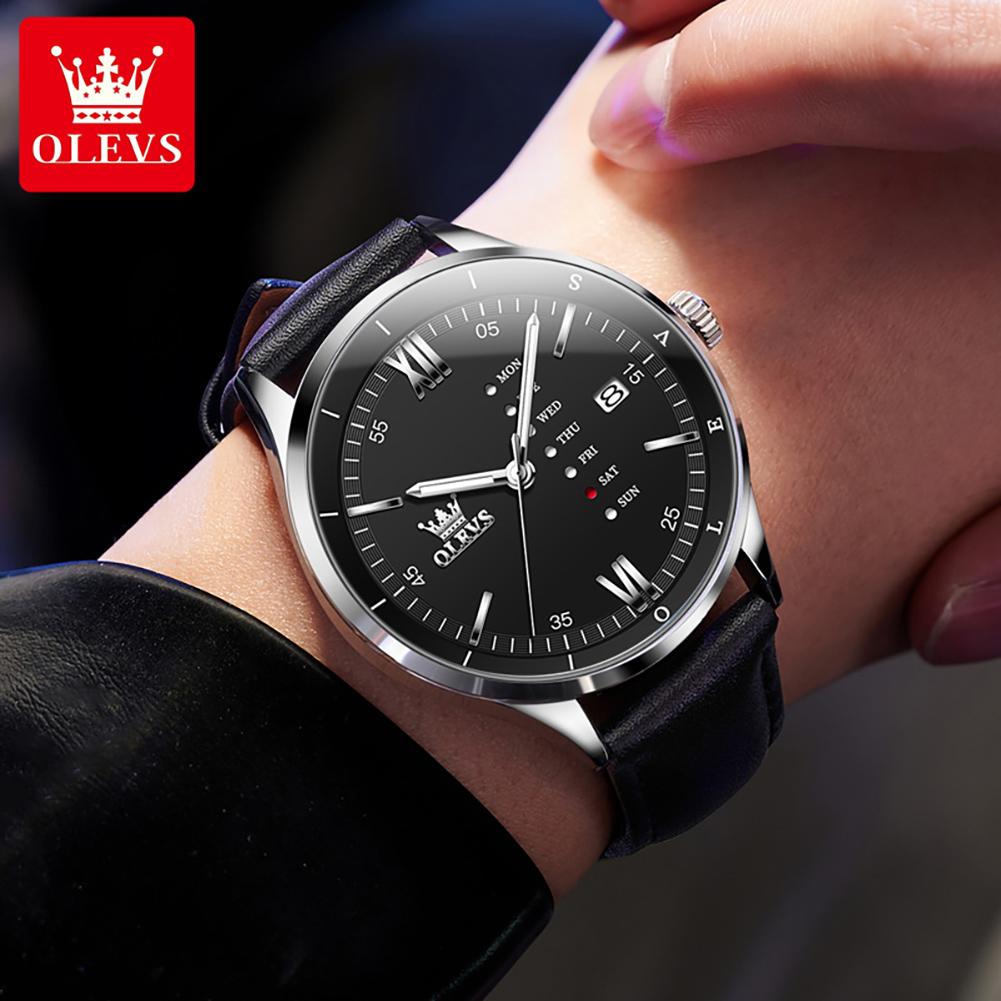 OLEVS Men's Watches Casual Fashion Leather Strap Waterproof Luminous Date Week Original Brand Quartz Wristwatch for Man Trend