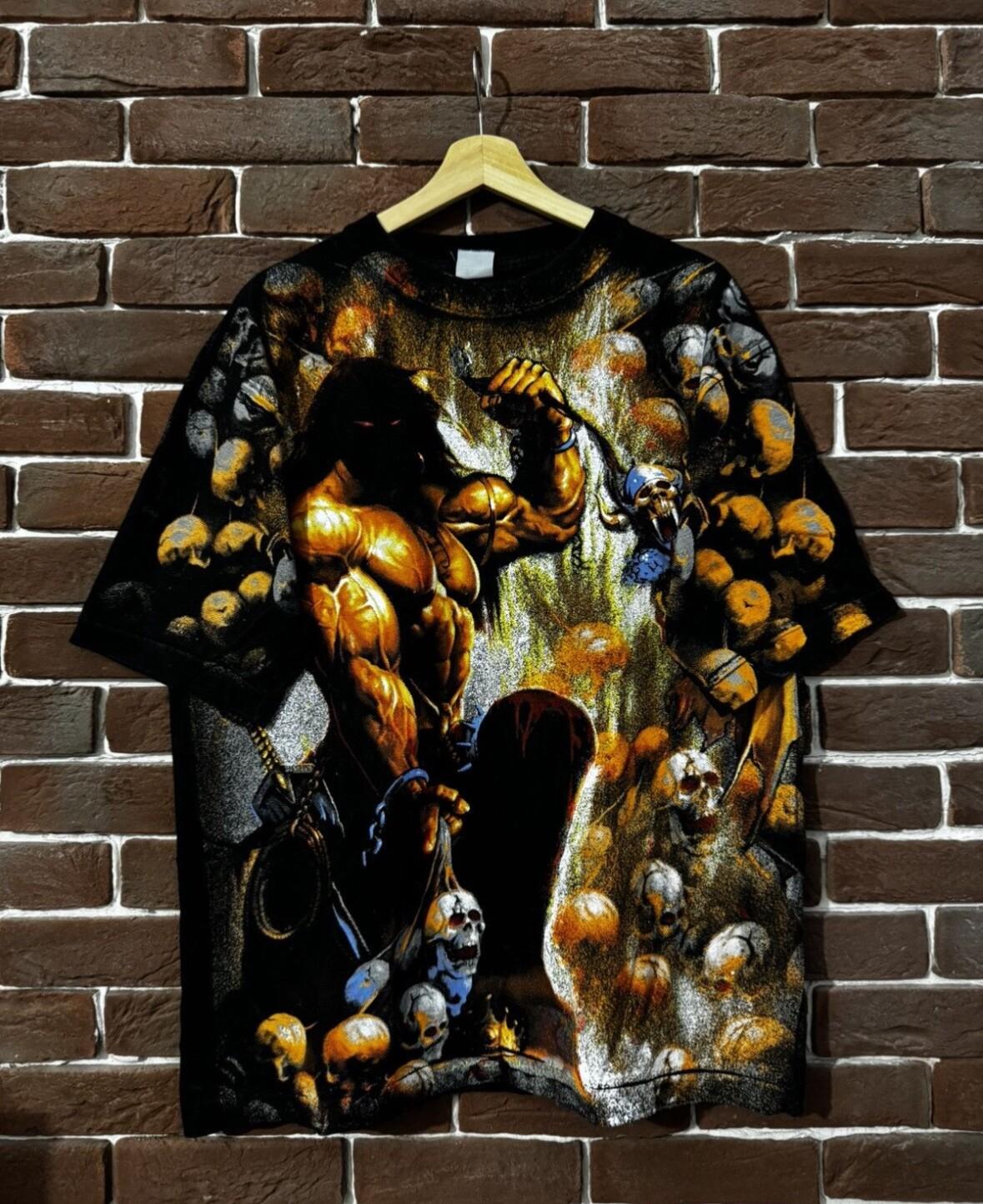 RARE VINTAGE MANOWAR 90s METAL BAND GRAIL All over print skull xl black Unisex T-Shirt S