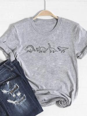 Print T-Shirt Kurzarm Sommer Top Mode Kleidung Damen Dinosaurier Tier Trend Kleidung Grau Basic T-Shirt Grafik T-Shirt