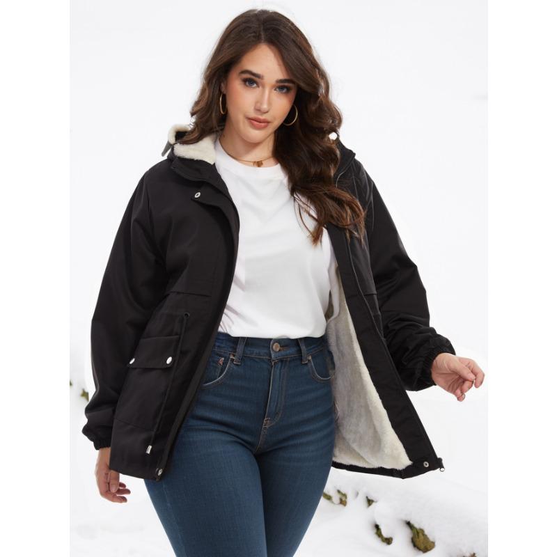 Women Autumn Winter Mid-length Plush Drawstring Waist Casual Hooded Jacket Plus Size Coat