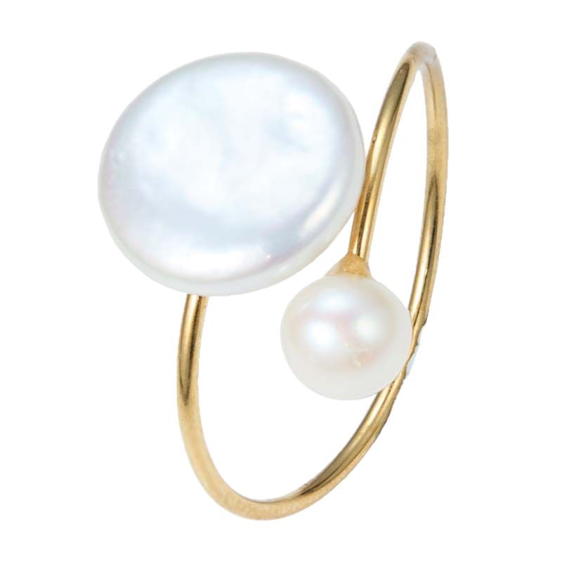 Large Natural Baroque Freshwater Pearl Open Ring Wrapped In Gold, Versatile High-end Finger Ring Ins Female Niche