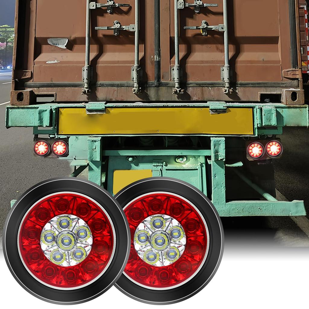 Round LED Trailer Tail Lights Rubber Ring Grommet Mount 16 LED Stop Brake Tail Running Reverse Backup Lamps for Trailer Trucks 12-24V White/Red,