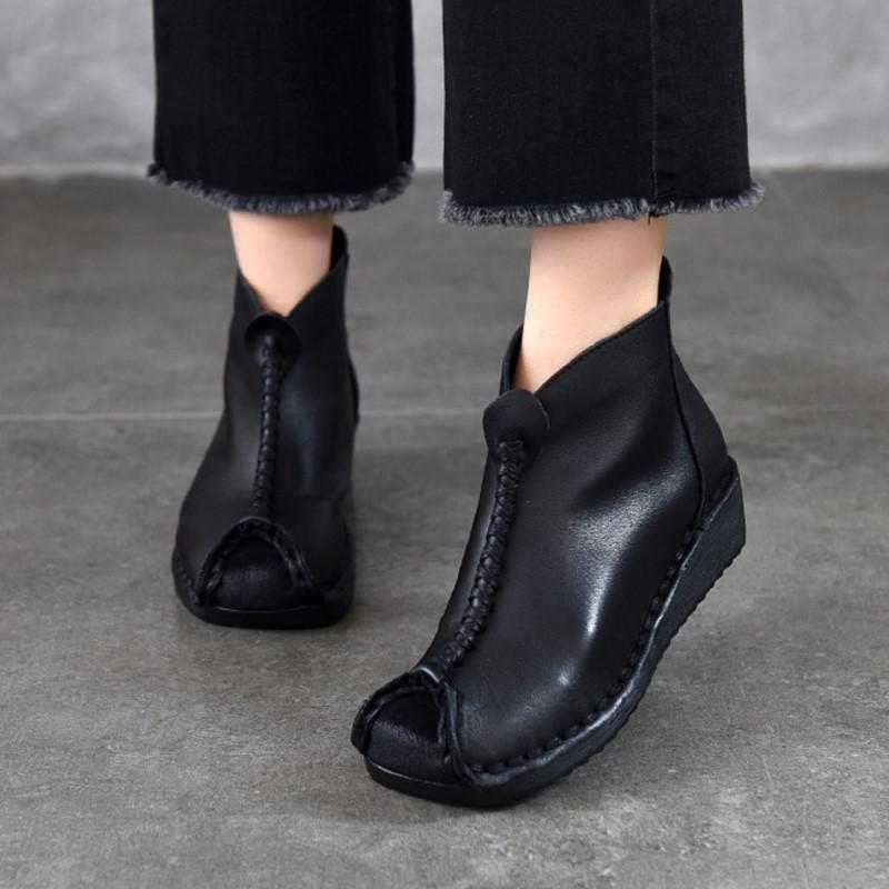 Johnature Versatile Genuine Leather Women's Wedges Shoes Retro Cowhide Soft Soled Short Boots