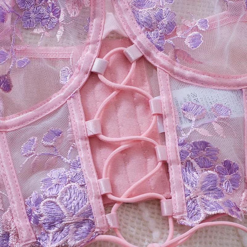 European & American Floral Lace Strappy Lingerie Set - Pink & Purple Push-Up Mesh