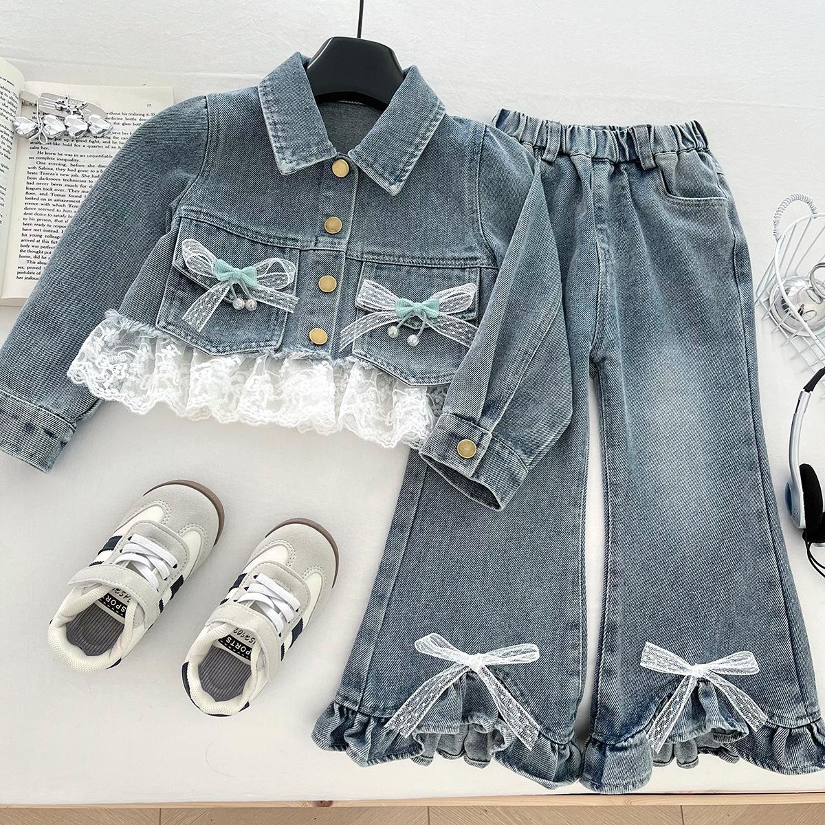 Girls  Korean-Style Lace Denim Jacket & Micro Flare Jeans Set for Spring Autumn 90cm