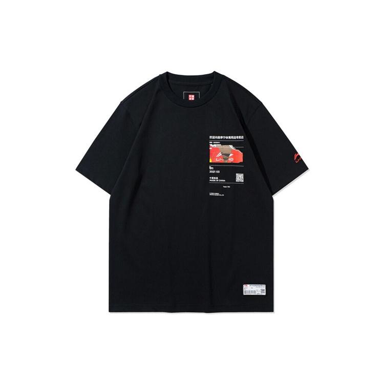 Li Ning T Shirts Unisex Black Crew Neck Moderate Straight Fit AHSR861-1