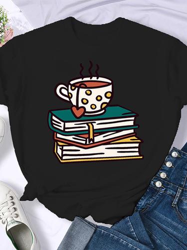 Woman Plus Size Round Neck Half Sleeve T-shirt Printed T-shirt Top New T Shirt Coffee Books Brown Books American Retro T-shirt