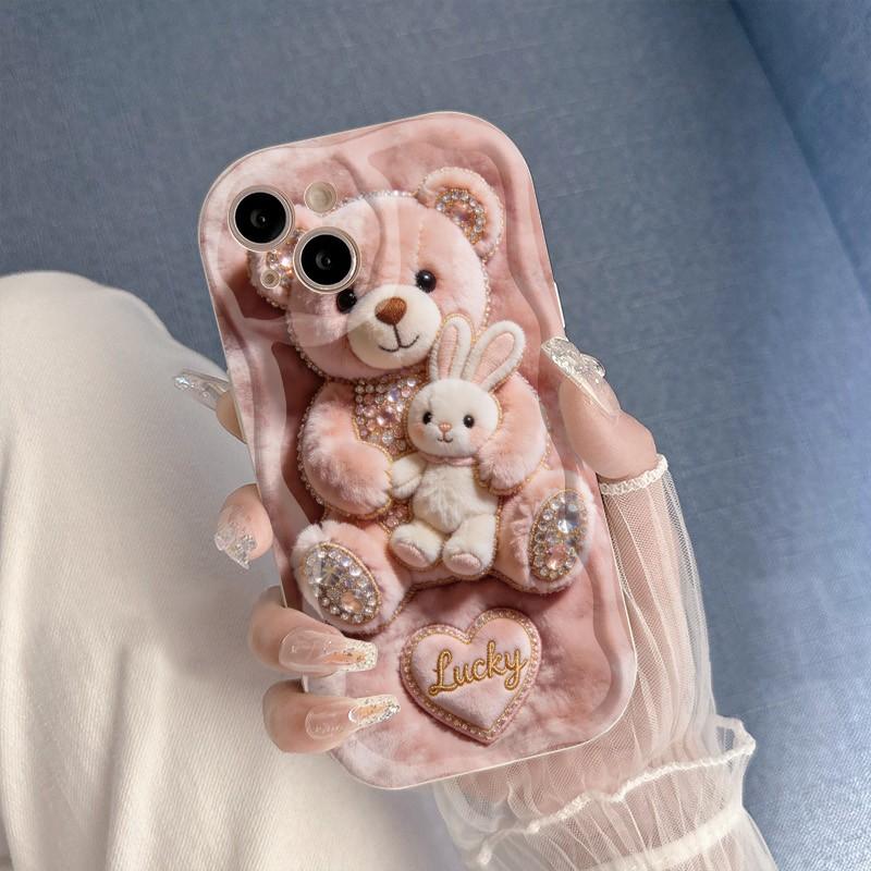 Cute Cartoon Pink Plush Bear Printed Phone Case For iPhone 17 16 Pro Max 15 14 13 12 11 Cover For iPhone Air 16E XS XR X Fundas