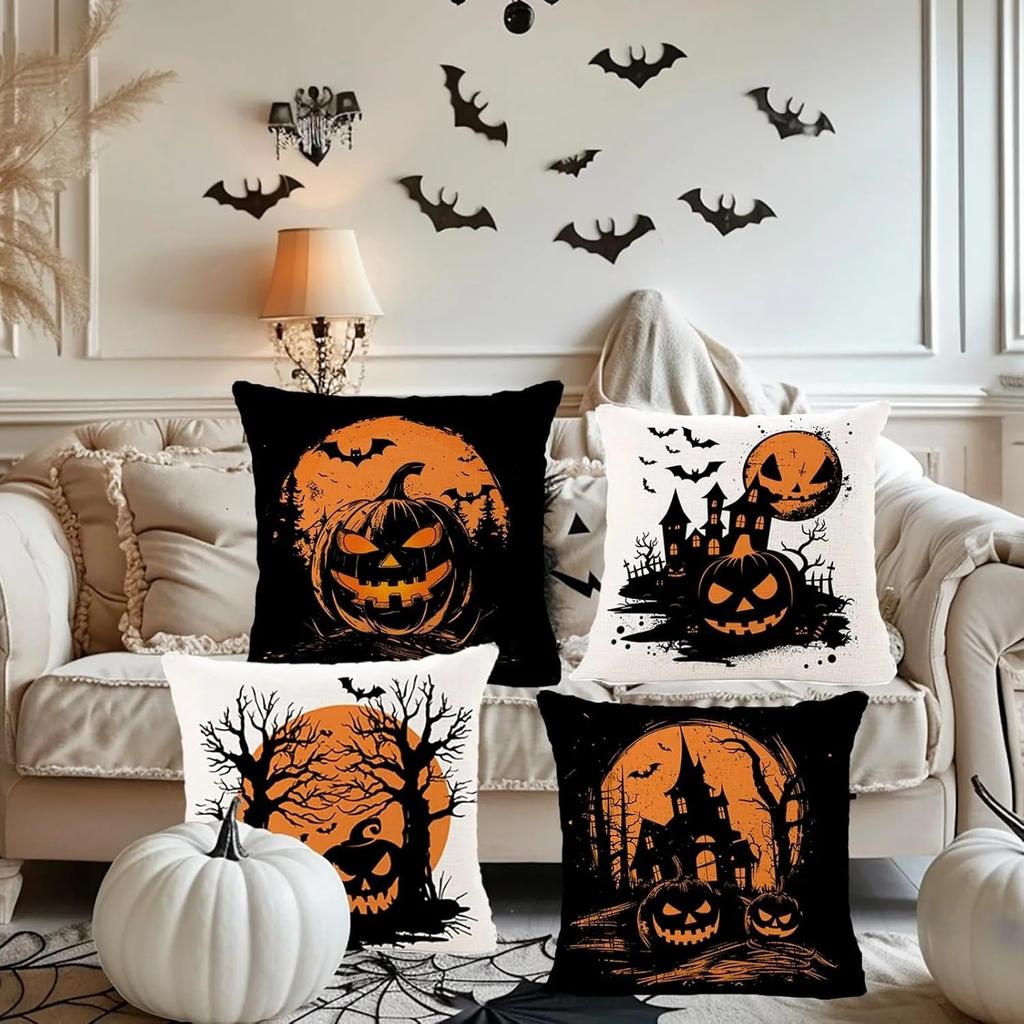 1pc Weird Halloween Pillowcase Pumpkin Castle and Bat Design Soft and Comfortable Printed Pillowcase for Bedroom Sofa Window