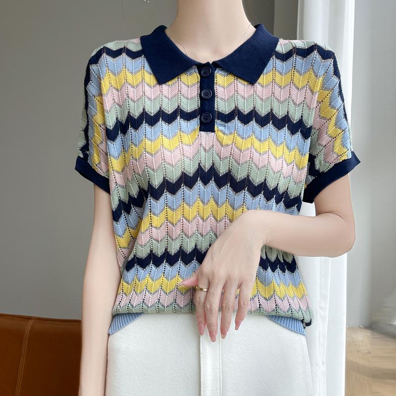 Летняя тонкая корейская футболка с отложным воротником, дофаминового цвета, с вырезами, модная, вязаная, с коротким рукавом, женская M