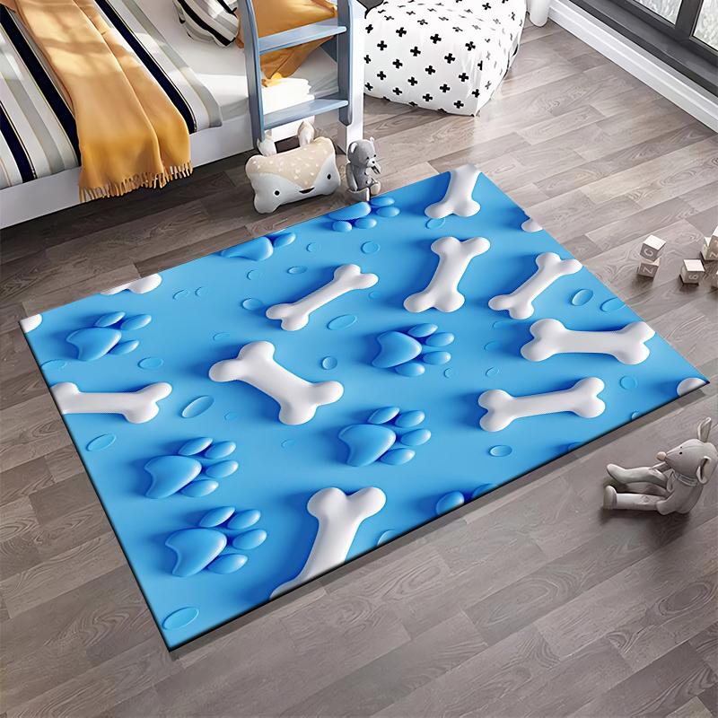 Bones and Paw Prints on Blue Rug Non-slip rug suitable for living room and bedroom sofas.