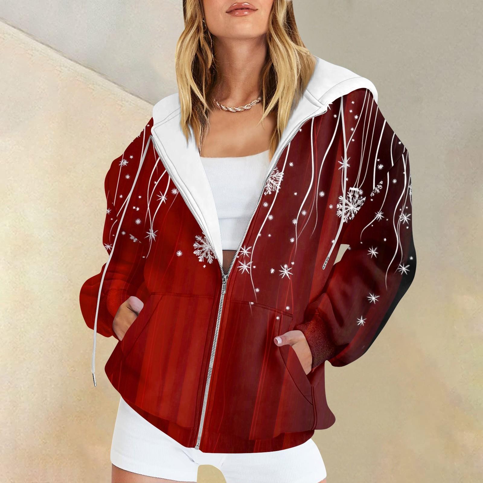 

Женская мода повседневная рождественская принтовая толстовка осень-зима с длинным рукавом кардиган куртка с карманом на молнии толстовка с капюшоном куртка XL киноварь