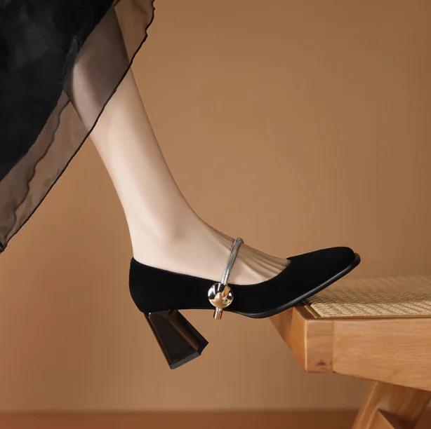 Fashion Square head frosted Mary Jane shoes for women 2025 new retro coarse single order shoes versatile leather buckle with high heels