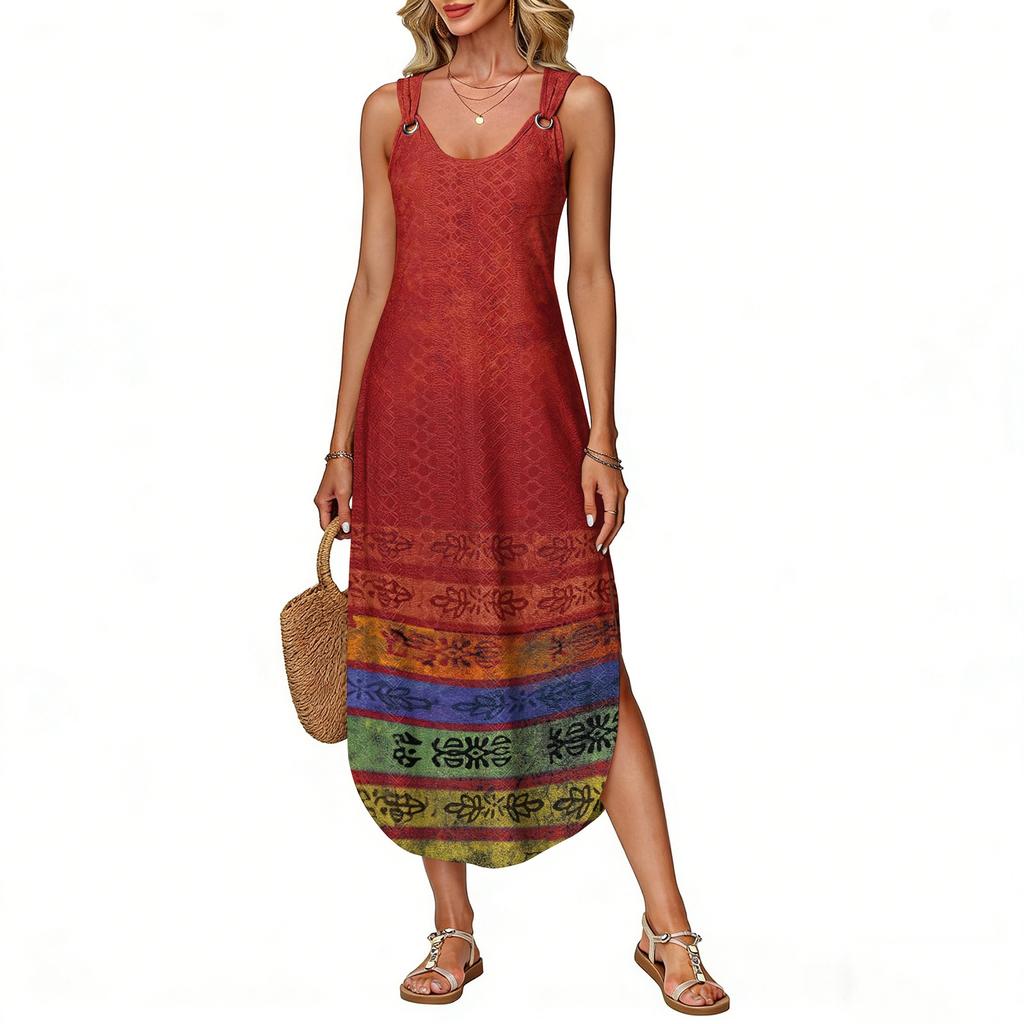 Women's summer long dress, sleeveless with side slits, long retro printed camisole dress