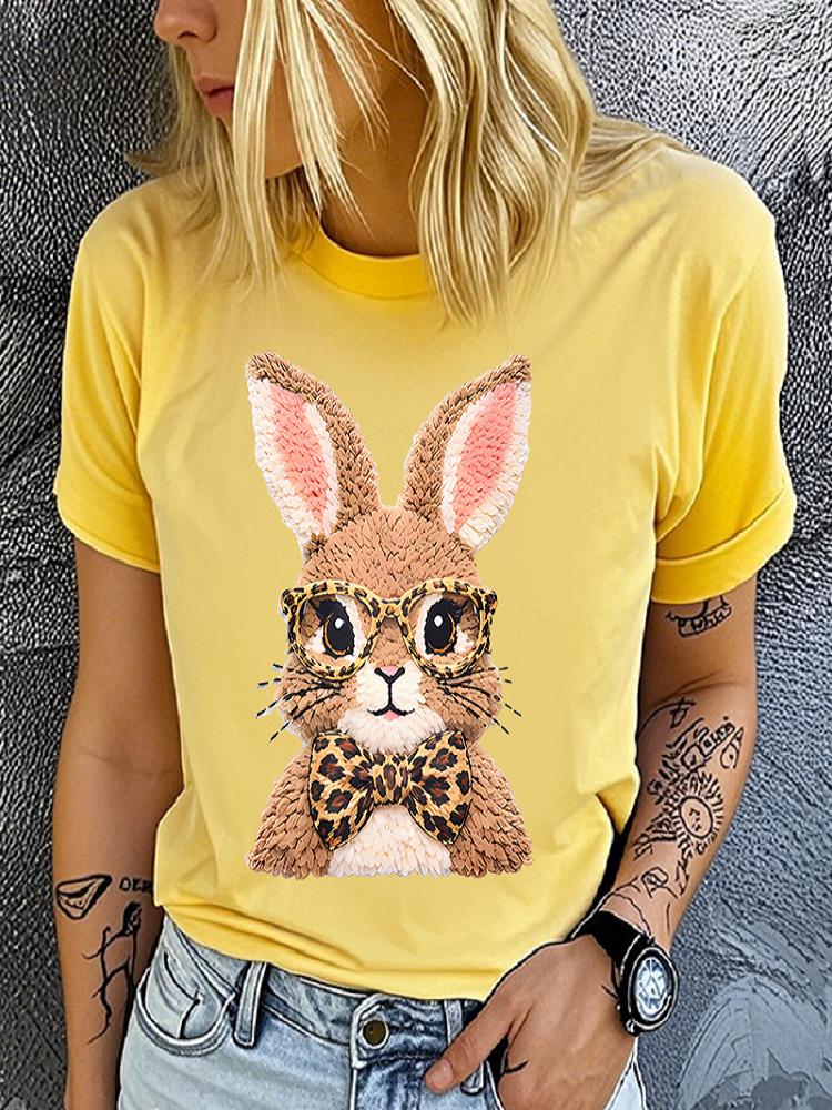 Women's Polyester 100% Cute rabbit Print Base T-shirt Loose round Neck Casual Short Sleeve Fashion Top Wholesale Clothing Summer
