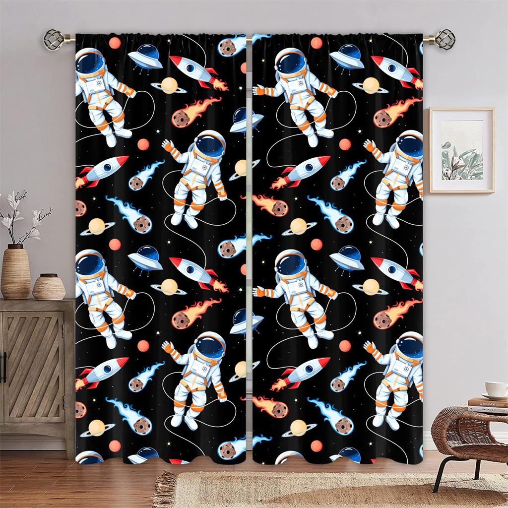 Starry Sky Astronaut Digital Print Realistic Pattern Curtain Bedchamber Children ' S Room 90g Polyester Fiber Curtain Clothtwopiece