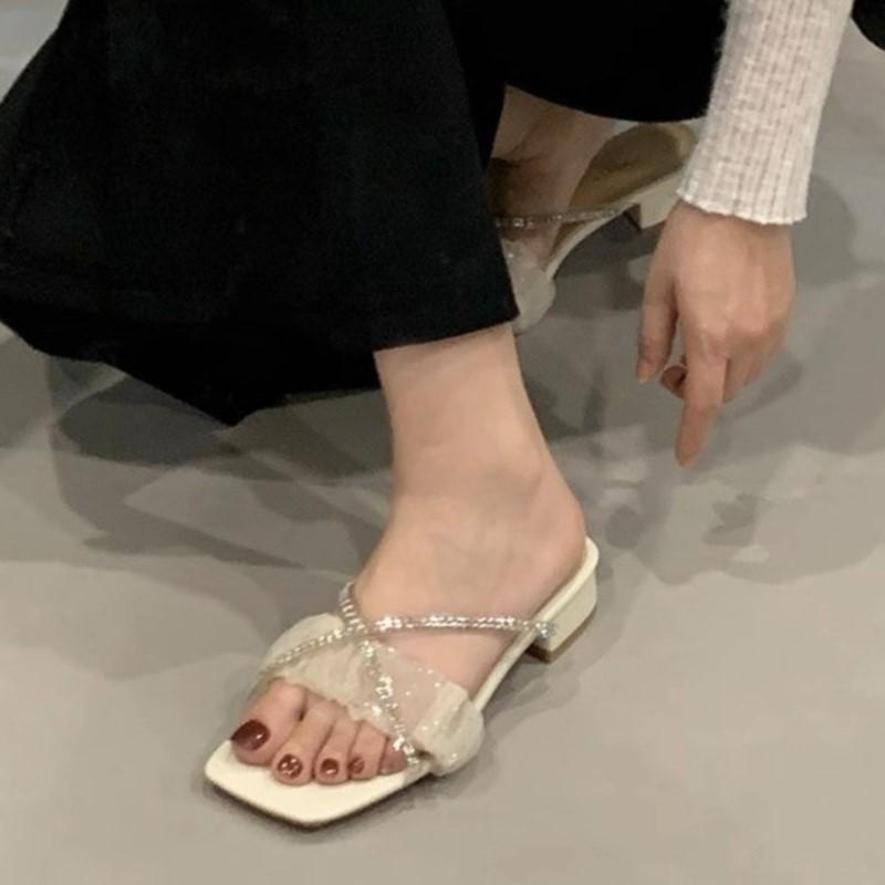Fashion Women's Silver Rhinestone Heeled Slides 2025 Summer Glitter Sandals Comfortable Outdoor Dressy Casual Beach Shoes Fashion Trendy
