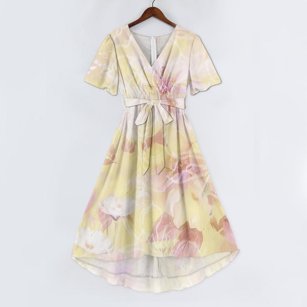 Women's Fashion Casual V Neck Short Sleeve Ruffled Vintage Printed Dresses