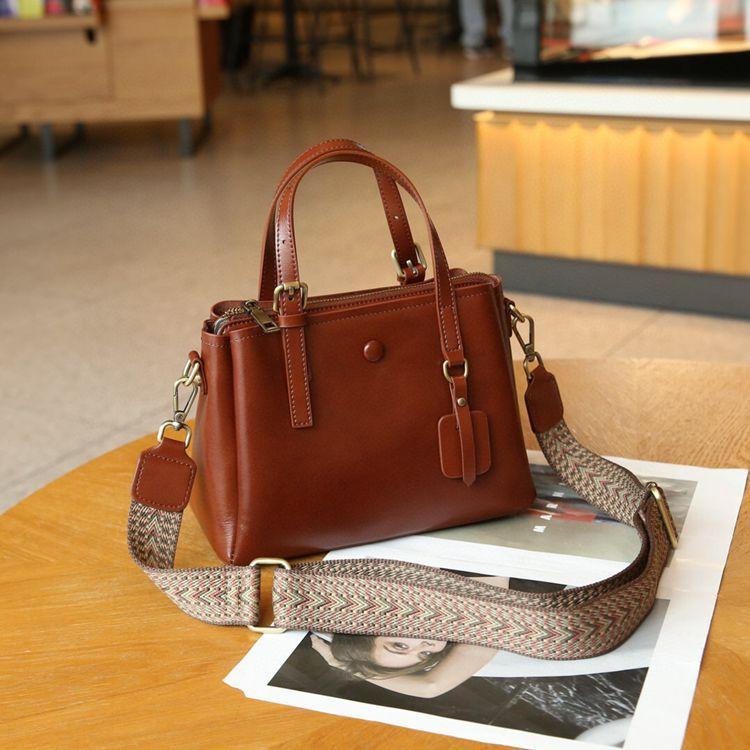 Genuine Leather Tote Bag for Women - Top Grain Vegetable Tanned Cowhide, 2-Way Handbag & Crossbody Bag with Wide Strap