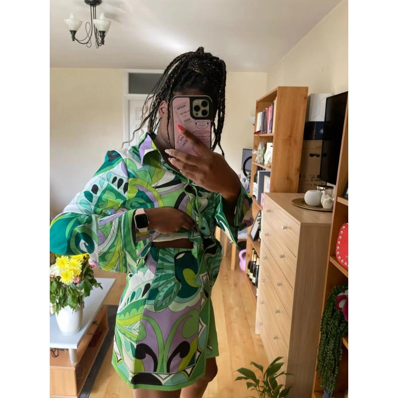 Set Pijamale Femei Imprimat Extra Mare Verde Set Pantaloni Pijamale de Vară Femei Set Pijamale Retro cu Mânecă Lungă Femei