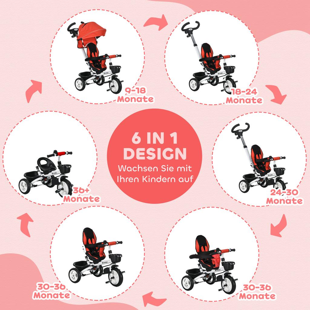 Metal Frame 6 in 1 Baby Push Tricycle with Parent Handle for 1-5 Years Old, Red