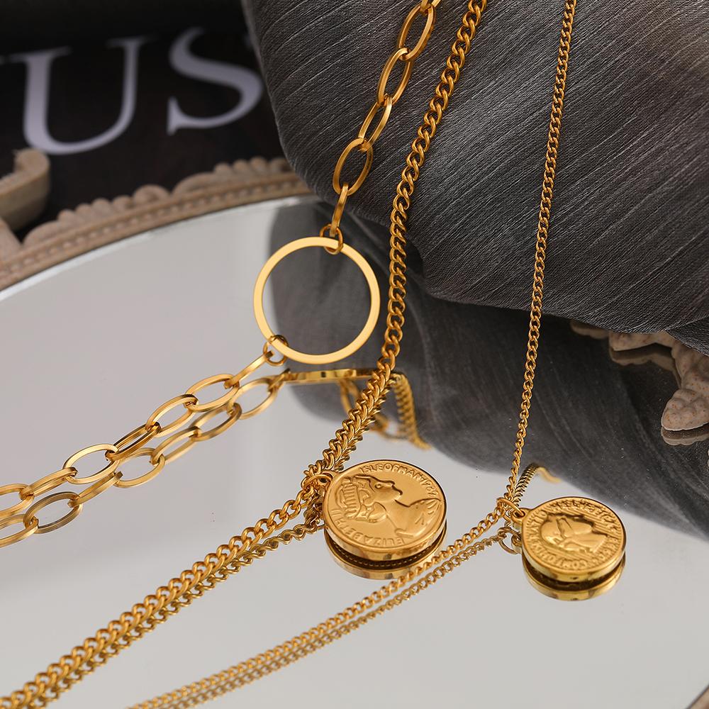 Gothic Queen's Portrait Coin Pendants Grunge Y2K Layer Chain Hip Hop Necklace Choker Stainless Steel Necklace For Women Zircon
