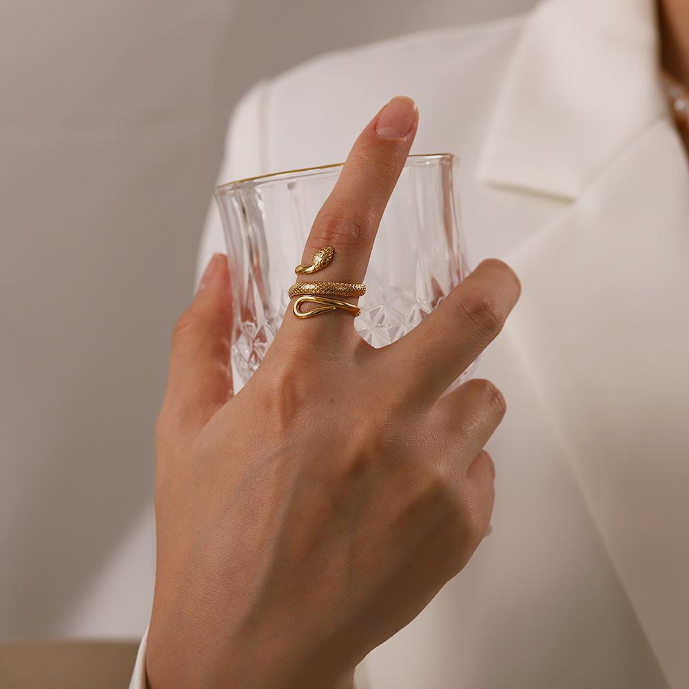 Yori Waterproof Stainless Steel Charm Snake Ring Statement Texture Adjustable Golden Personality Jewelry Accessories