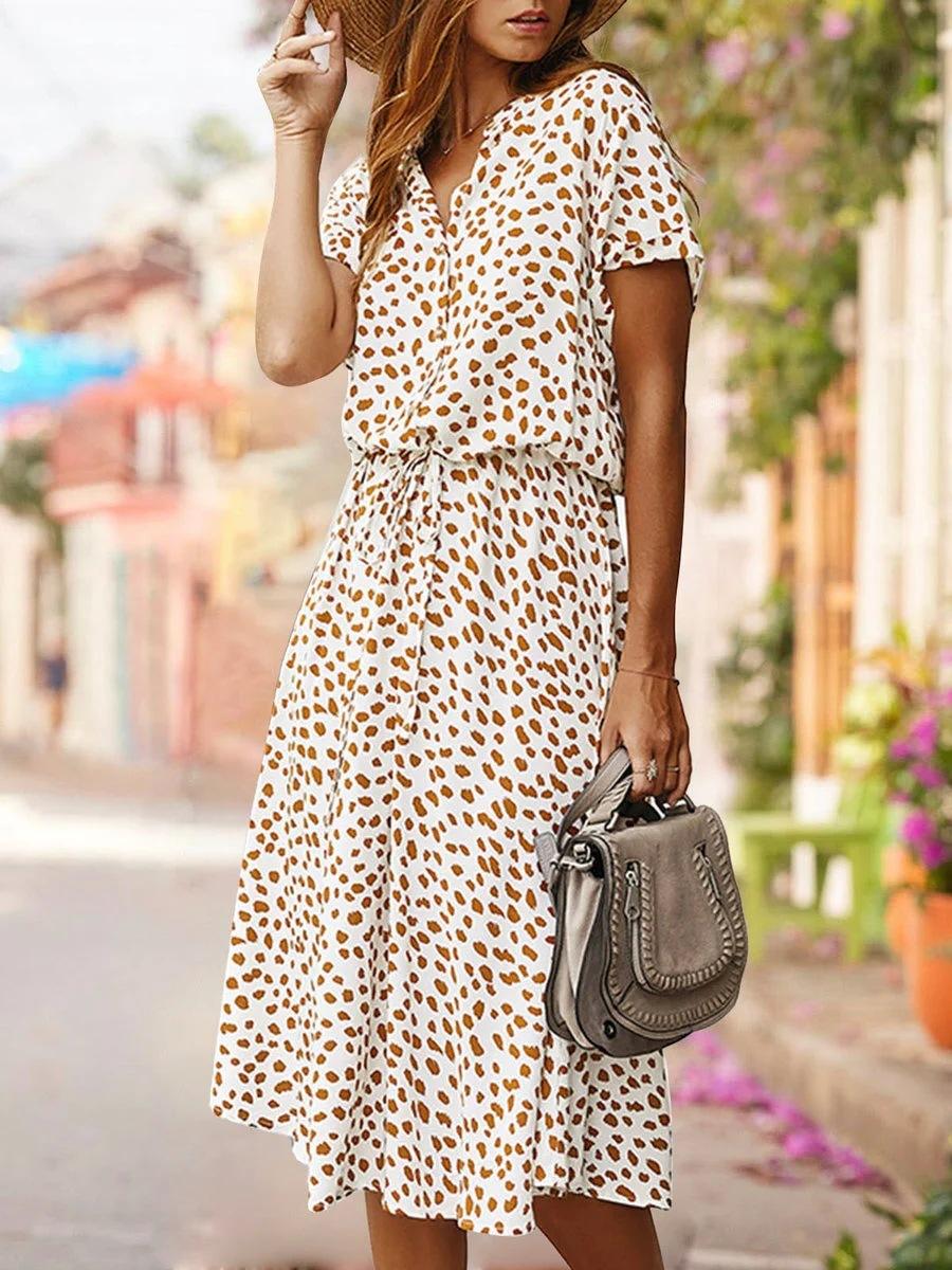 

Women s Leopard Print V-Neck Short Sleeve Dress with Drawstring Waist S белый