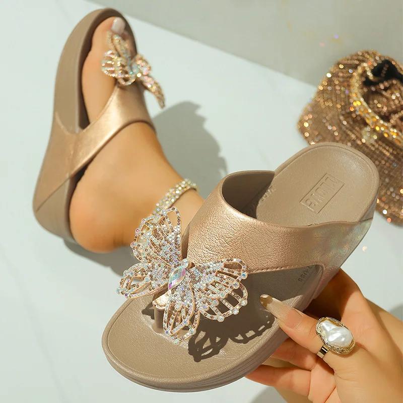Butterfly Decor Flat Sandals for Women Shiny Crystal Clip Toe Chunky Platform Slippers 2025 Plus Size Thick Sole Non Slip Shoes