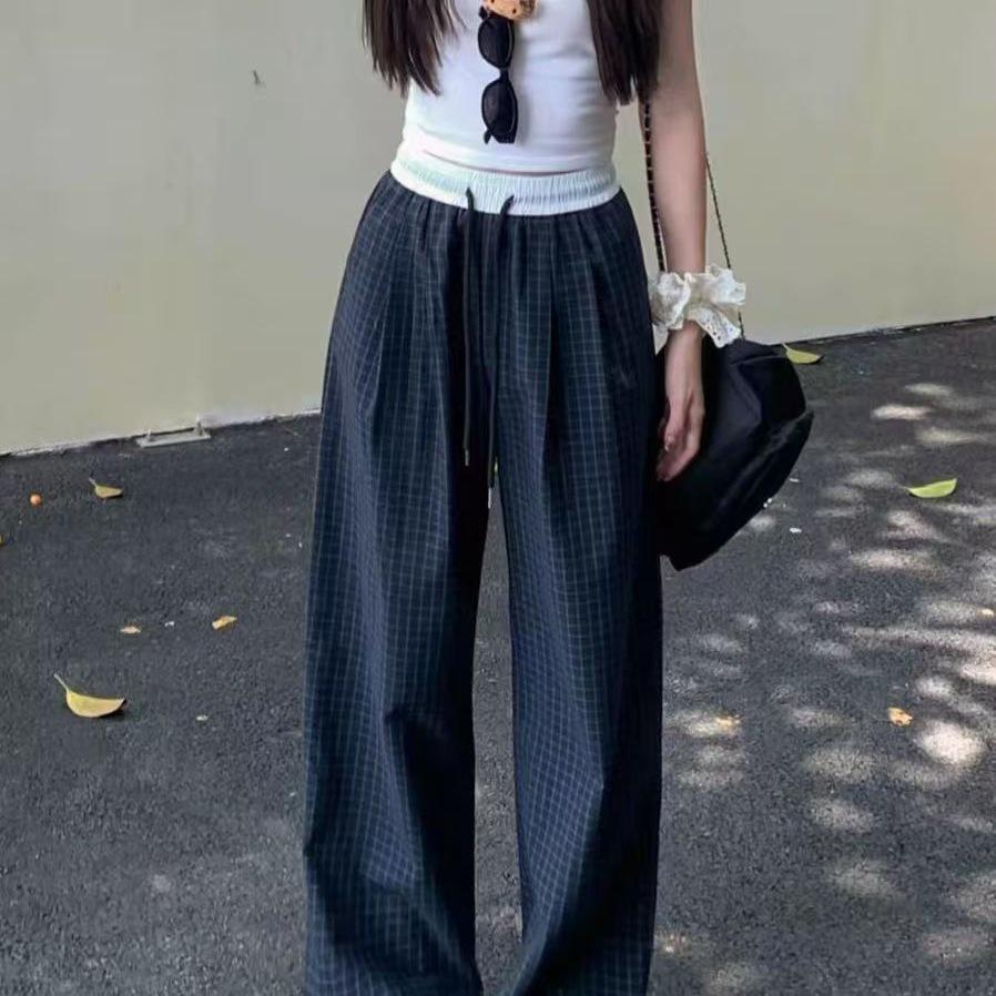 Women's Spring-Summer High-Waist Plaid Wide-Leg Pants - Korean Style Casual Sports