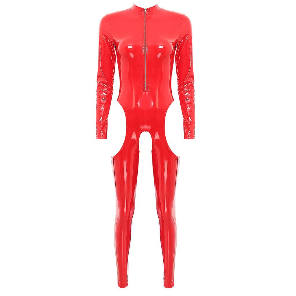 Women Wet Look Leather Bodysuits Lingerie Front Zipper Long Sleeve Jumpsuit Hollow Out Bodycon Catsuits
