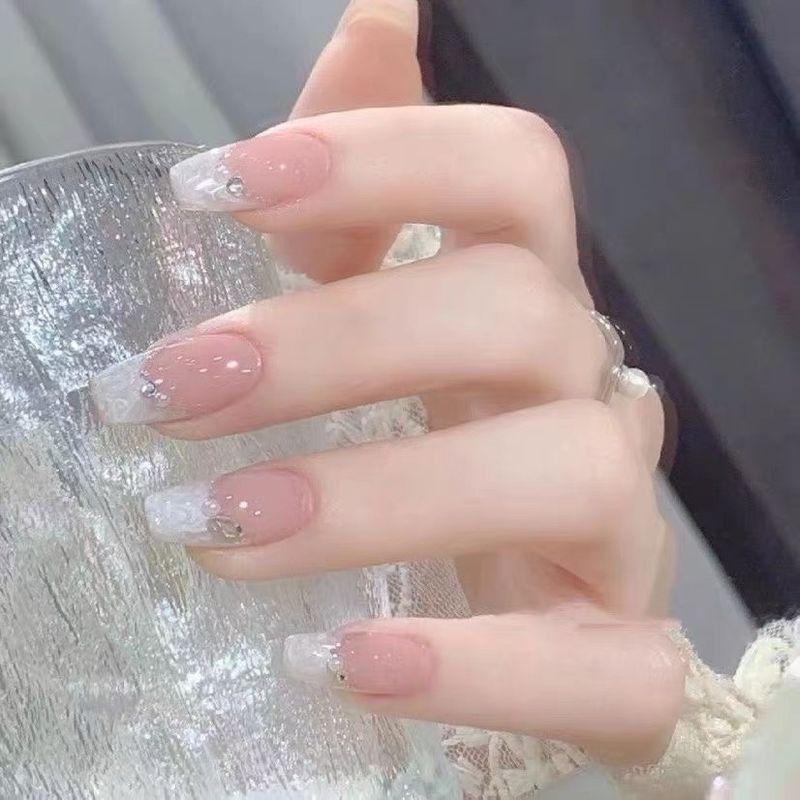 

Handmade Manicure Wear Nail Fancy Fritillary Type Mid Length Long Length Nail Stickers Finished Product White Detachable Nail Tip Xs, short T nude skin Fritillaria