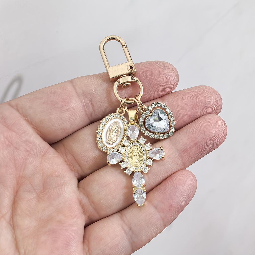 Luxury Metal Cross Keychain Zircon Heart Bag Pendant Gift Accessories Couple Family Keychain Pendant