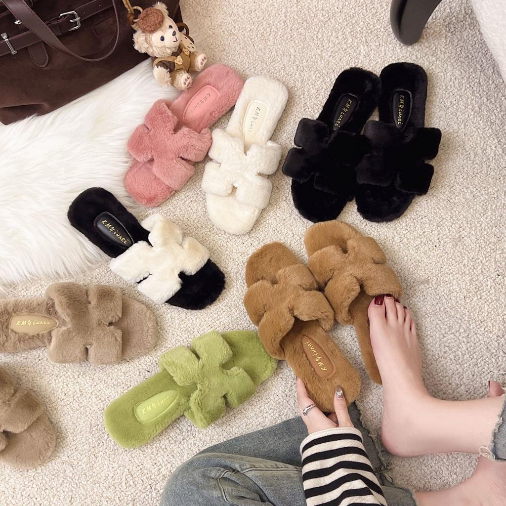 Lazy Fluffy Slippers Women's 2025 Plush New Cotton Slippers Flat Bottom Outer Wear Winter Word Small Fragrance