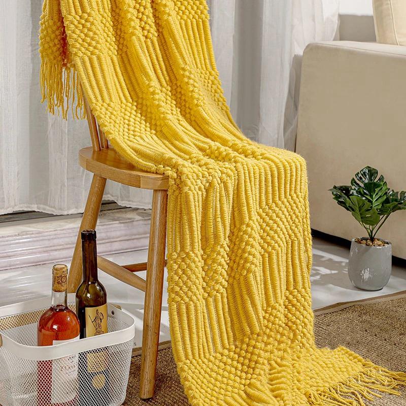 Nordische Strickdecke Einfarbig Sofadecke mit Quasten Reise Leichte Luxusdecke Pucken für Bett Heimdekor 130x180cm