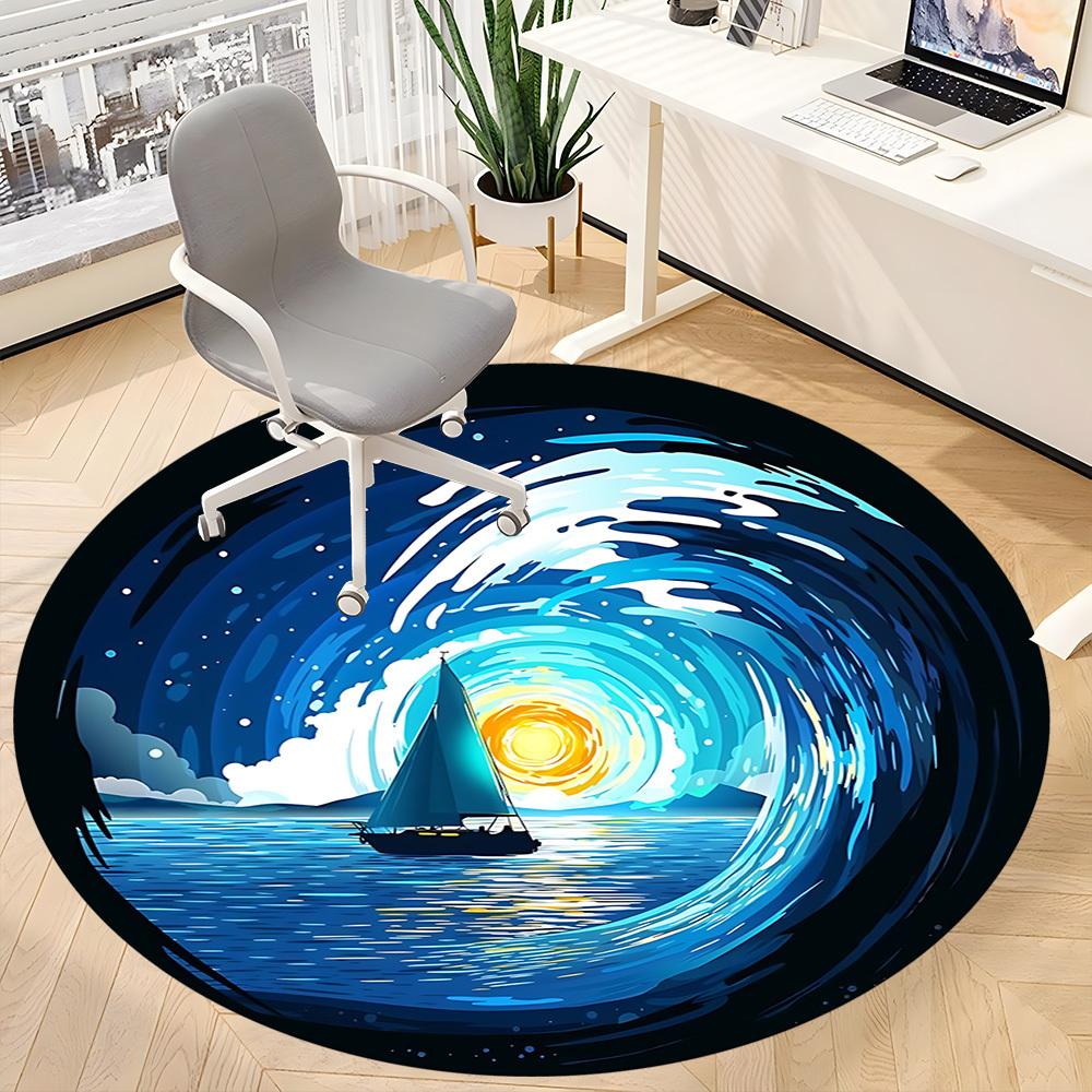 1pc Sailboat Sunset Office Round Area Rug, Indoor Mat Suitable ForOffice, Under Office Chairs Bedroom Living Room Home Decor, Room Deco  D064