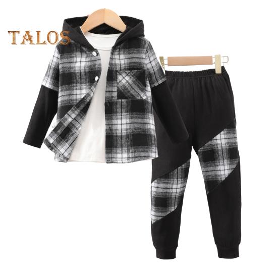

2 шт./комплект детский весенне-осенний костюм с пальто и брюками, длинные рукава в стиле пэчворк, клетчатый принт, топ с капюшоном, эластичный пояс, спортивные штаны, спортивный наряд 3 Years чёрный