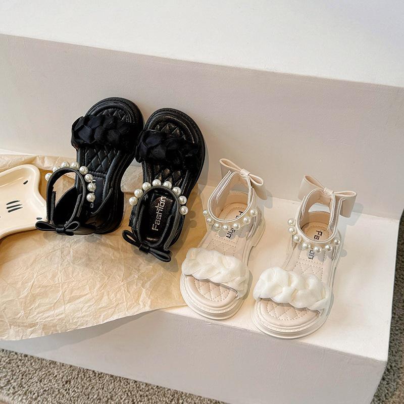 Girls' 2026 Summer Princess Sandals with Pearls & Bows – Stylish Roman Beach Shoes for Older Children