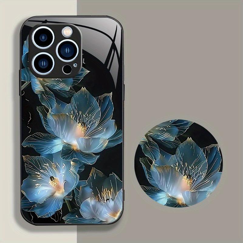 Luxury Snow Lotus Pattern Tempered Glass Material Phone Case For Samsung Galaxy S25 S24 S23 Ultra Plus FE Shockproof Cover