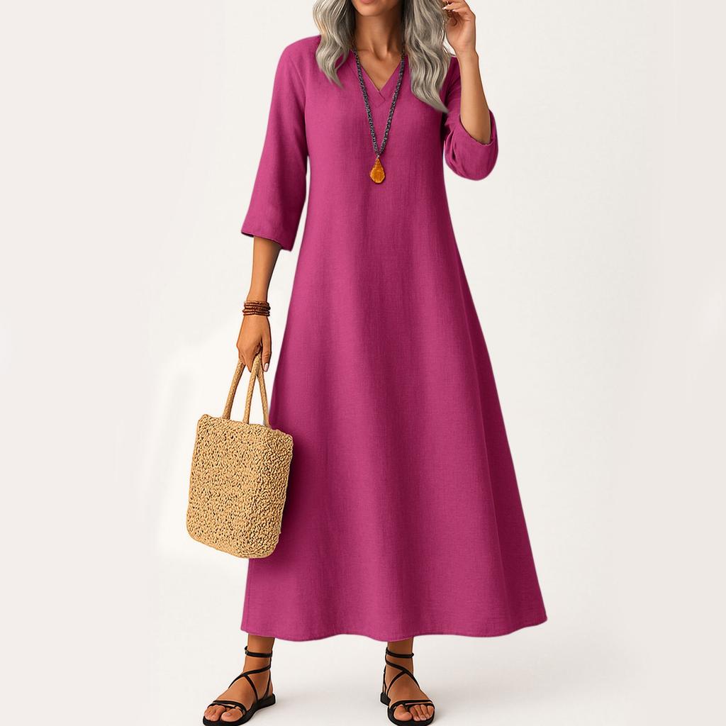 Dress For Women Long Boho Beach Dress Elegant Maxi Dress V-Neck 3/4 Sleeve Dress With Pockets