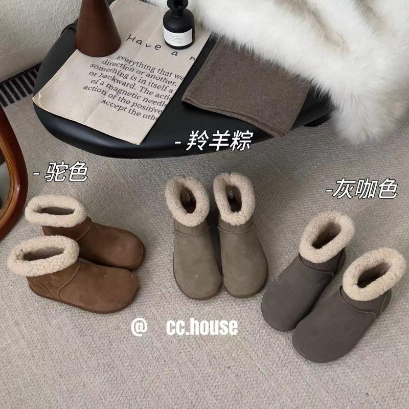 Cowhide version retro round head short boots women's velvet low-top snow boots warm large cotton shoes thick-soled fluffy boots