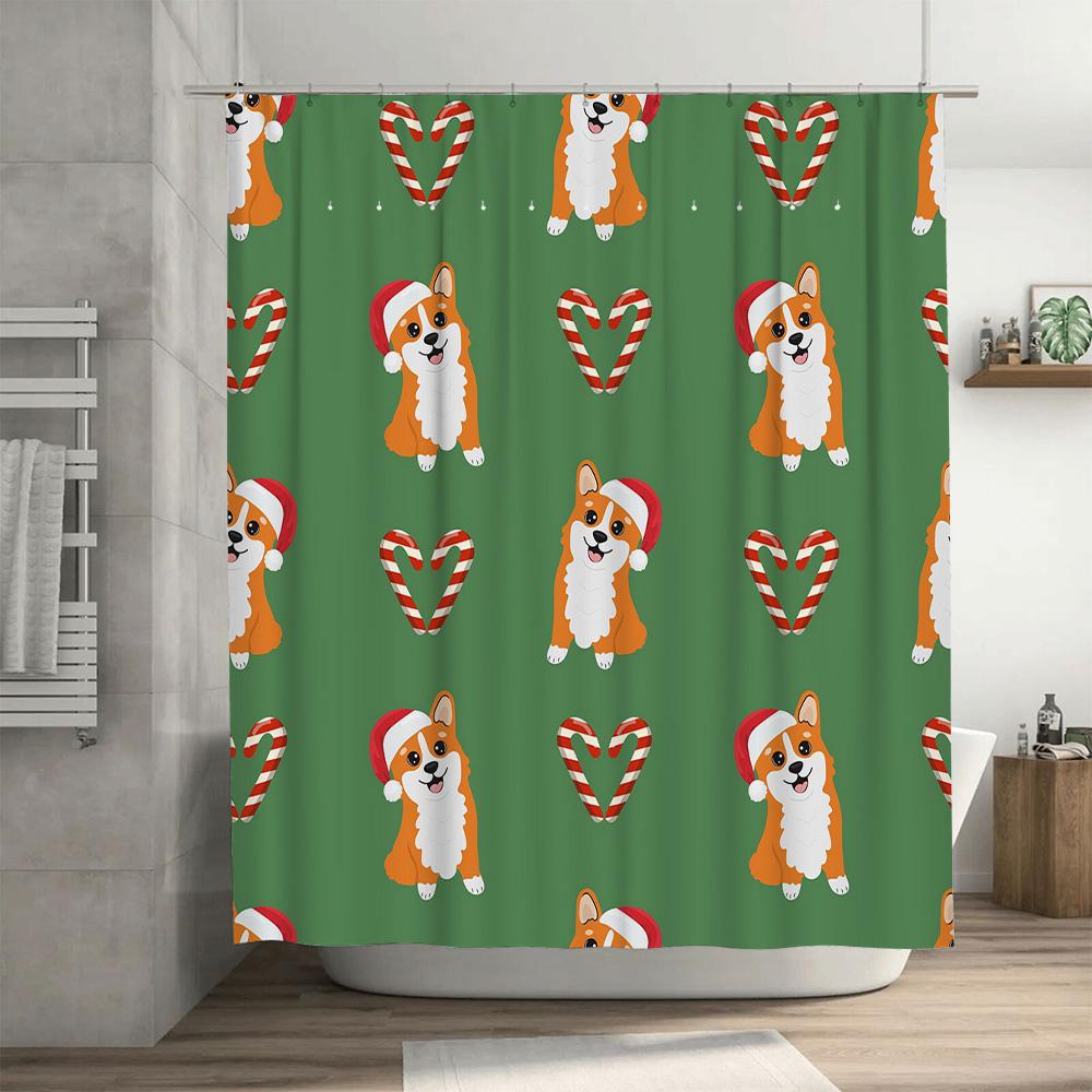 Green Christmas-themed Shower Curtains Featuring Cute Corgi Designs Festive Home Decor for Bathroom! (128 Characters)