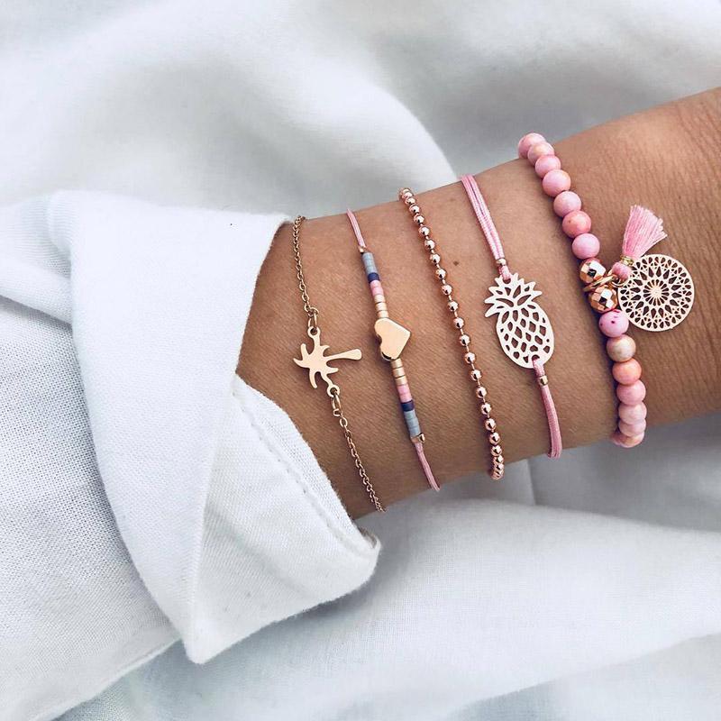 New Design Vintage Women Boho Bracelets Set Moon Shell Heart Tortoise Charm Beads Chains Bangle For Female Bohemian Jewelry
