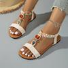 Women's Summer Boho Flat Sandals, Colorful Beaded Beach Shoes, Plus Size Wide Width with Elastic Strap & Tassel